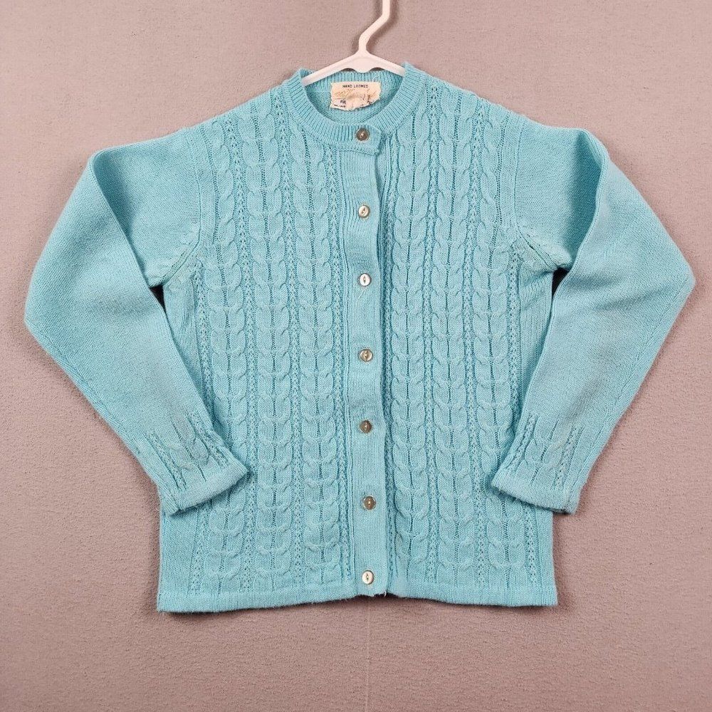 VINTAGE 70s Hand Loomed Acrylic Cable Knit Sweater Size Small S Blue